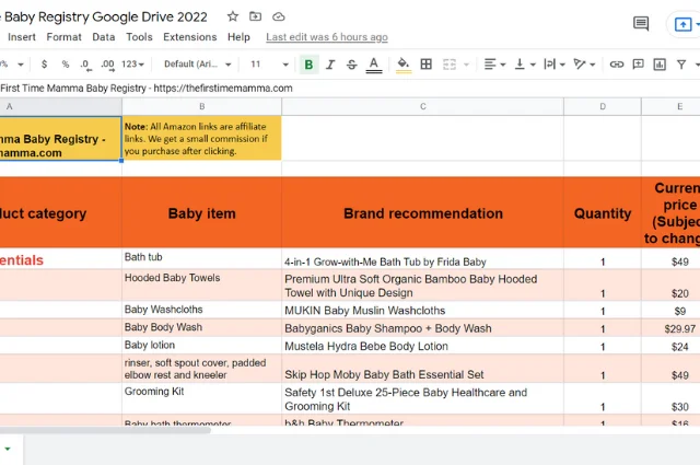 Baby registry Google drive